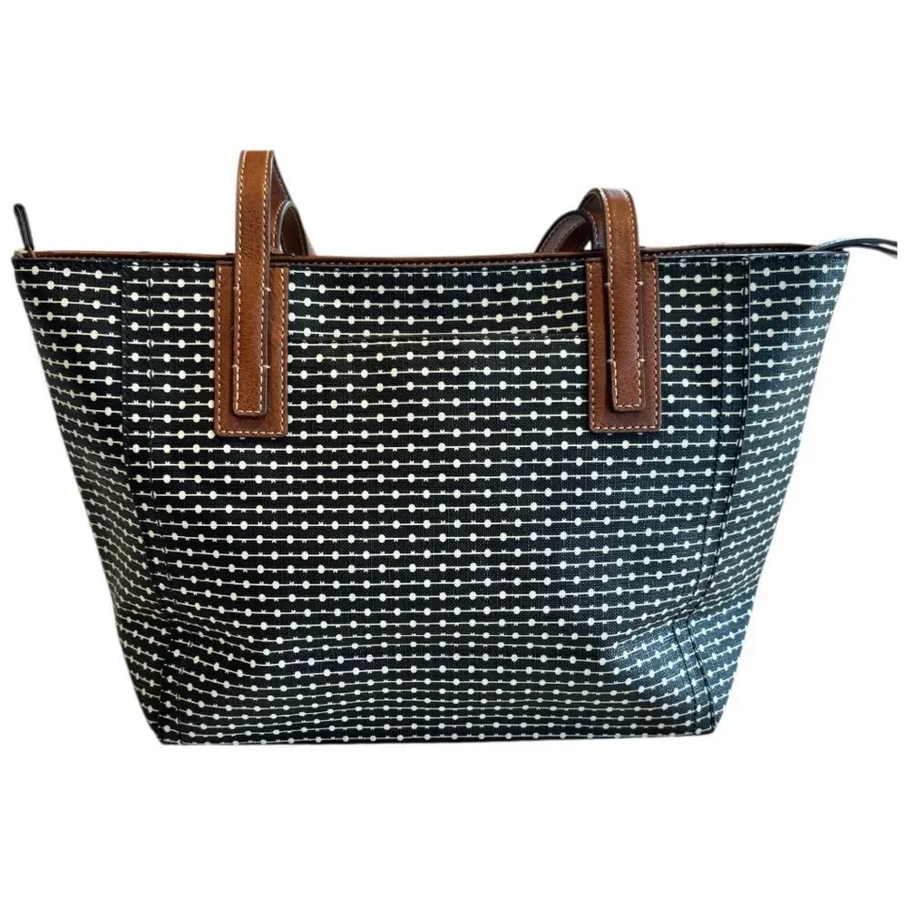 Fossil Rachel Large Tote Bag Top Zip Brown White Stripe/Dot